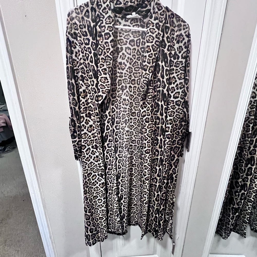 Siren Lily Leopard Print Duster in Beige and Black 3/4" sleeve Sheer Plus 3X